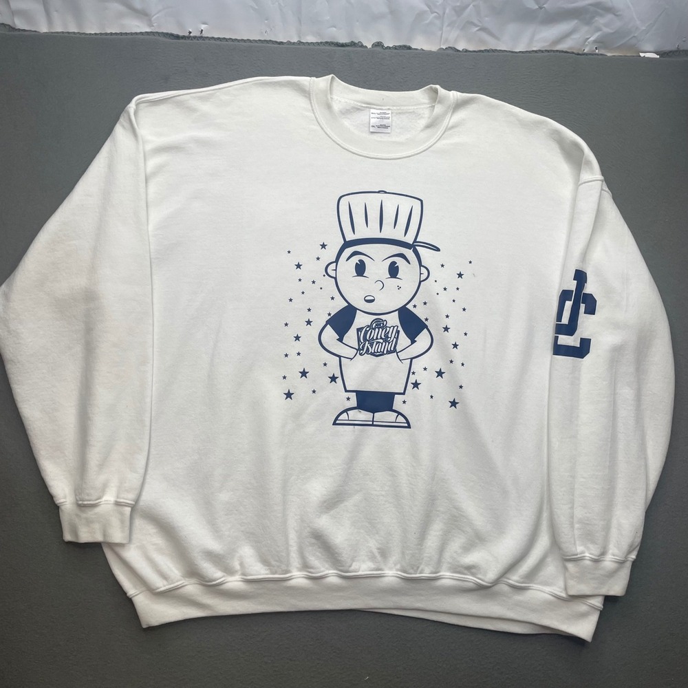 Joe's Coney Island Men Sweatshirt Cotton Blend 5XL Retro Graphic White Pullover